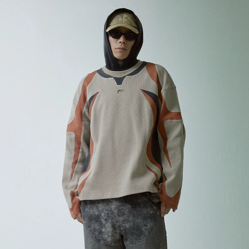 F2CE Trendy High Street Deconstruction Color Contrast Splicing Waffle Loose silhouette Round Neck Autumn/Winter Cleanfit Hoodie