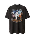 F2CE American retro vintage washed horse print T-shirt for men and women, oversized high street short sleeved top