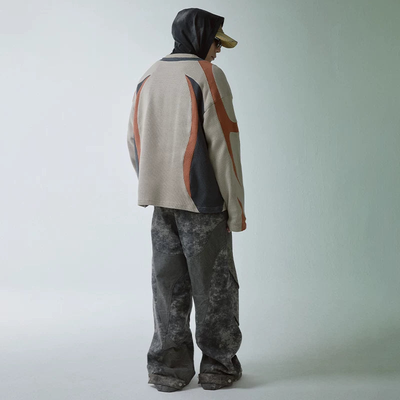 F2CE Trendy High Street Deconstruction Color Contrast Splicing Waffle Loose silhouette Round Neck Autumn/Winter Cleanfit Hoodie