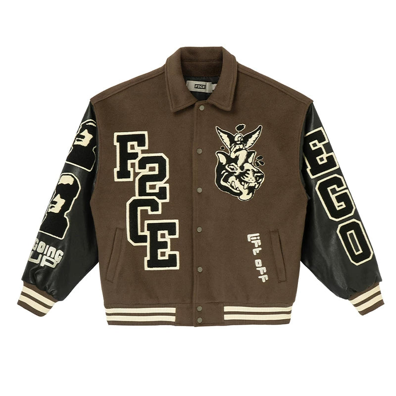 F2CE Trendy Heavy duty Towel Embroidered Baseball Jacket Wool for Autumn and Winter, Trendy Couple Casual Collar Jacket