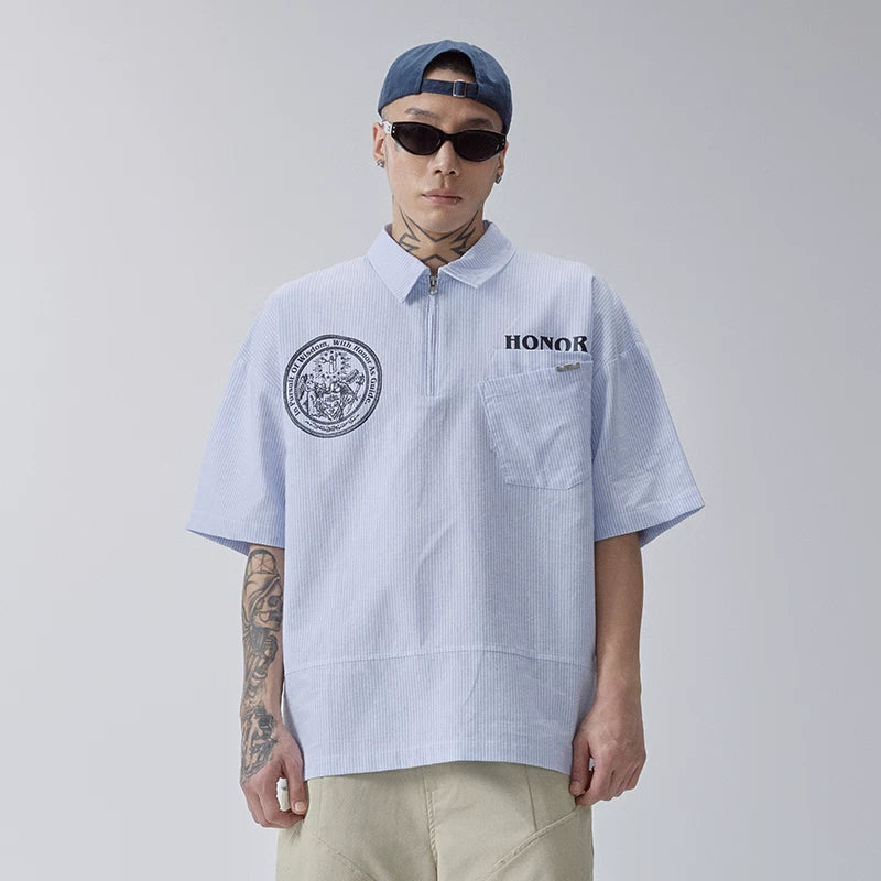 F2CE summer vertical striped short sleeved shirt men's heavyweight printed shirt pure cotton versatile half sleeved loose casual jacket