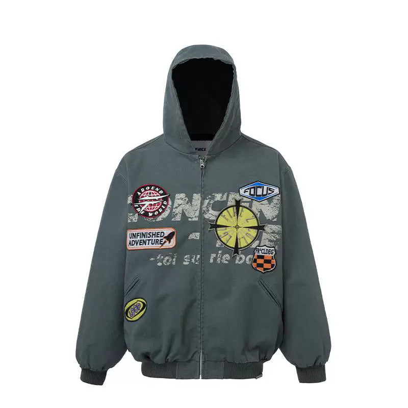 F2CE trendy loose and wide heavyweight distressed canvas embroidered printed hooded Vibe jacket retro autumn and winter jacket