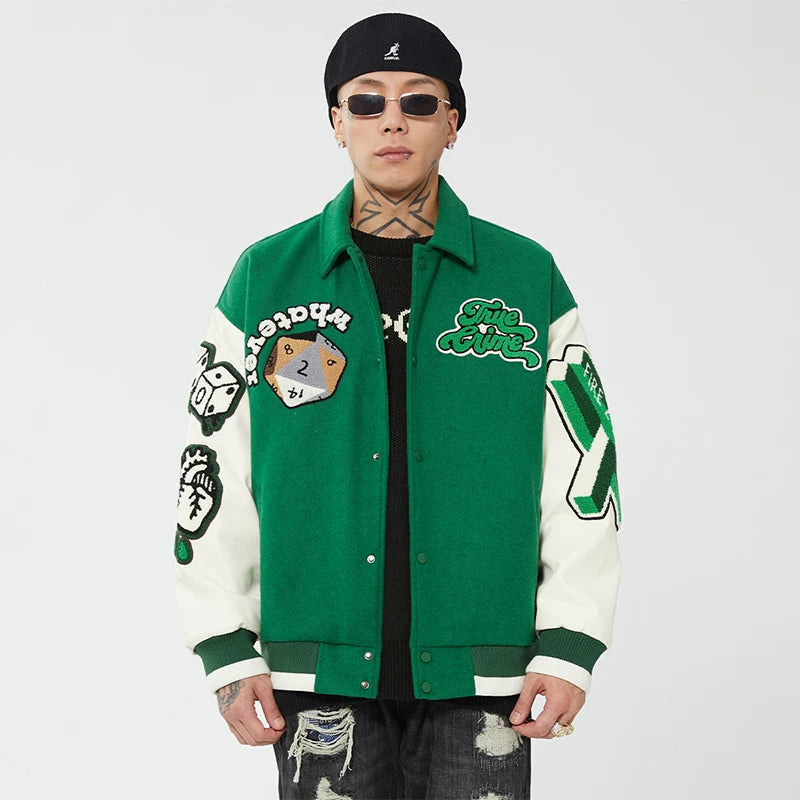 F2CE Trendy Embroidered Baseball Jacket with Green Wool for Autumn and Winter, Trendy Jacket for Couples, Casual High Street Collar Jacket