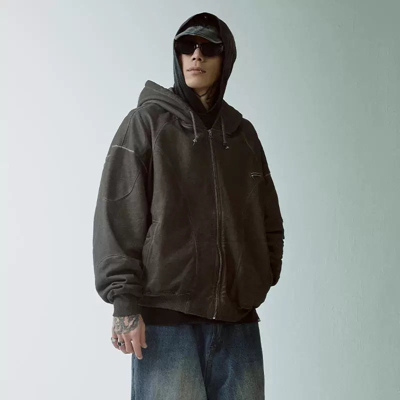 F2CE vintage dyed solid color functional hooded cardigan with fleece hoodie, loose deconstruction zipper casual jacket, trendy men