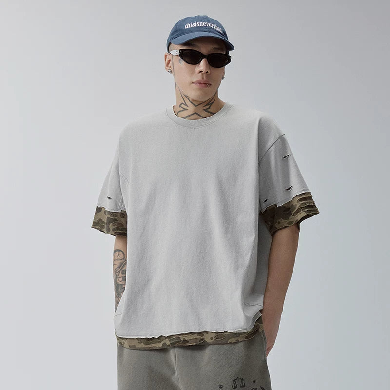 F2CE Trendy Short Sleeve Deconstructed Splicing Color Contrasting Stacking Camo Piercing Half Sleeve Heavy Weight Loose Casual Versatile T-shirt