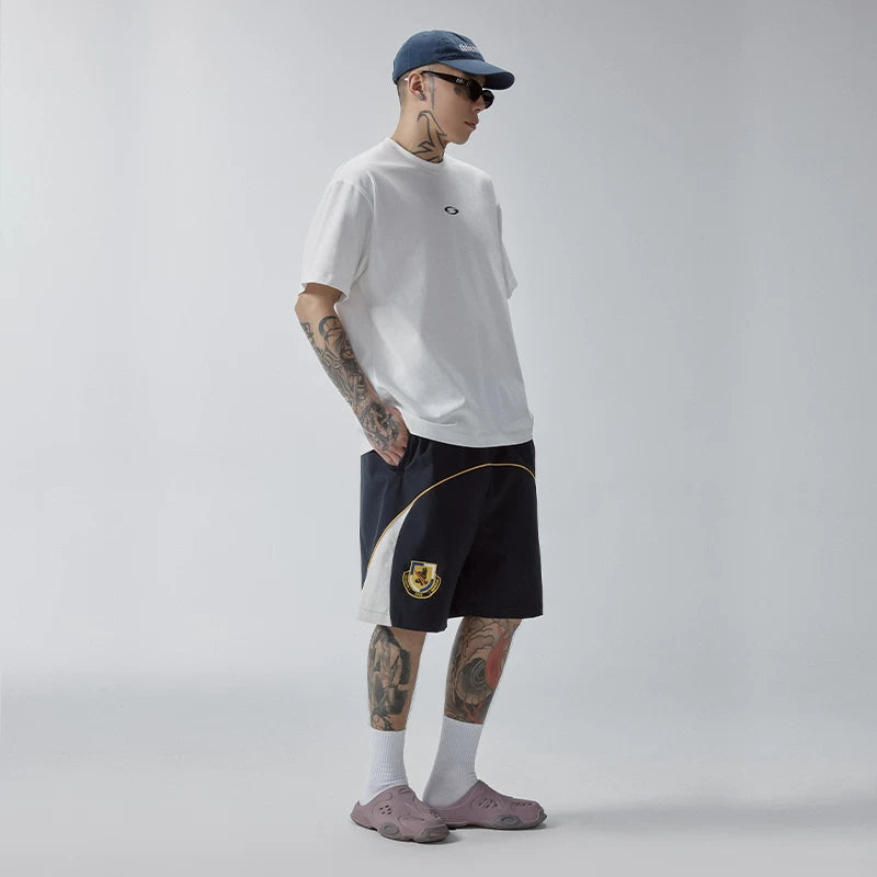 F2CE trendy loose casual versatile shorts embroidered stamp splicing contrasting color men's beach pants breathable five quarter pants