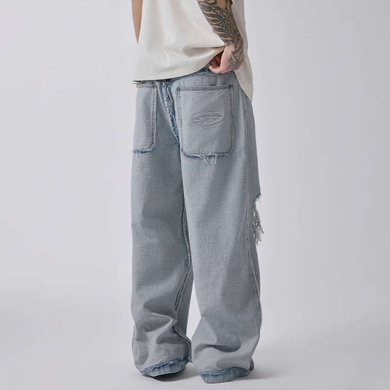 F2CE Retro Washed Outdated Anti Piercing Jeans for Men, Loose Straight Tube, Bare Haired Wide Legs, Casual Pants
