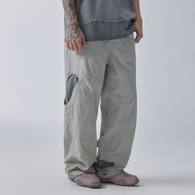 F2CE splicing contrasting hollow out functional work pants, loose men's trendy Vibe style high street pants, casual pants for spring and summer
