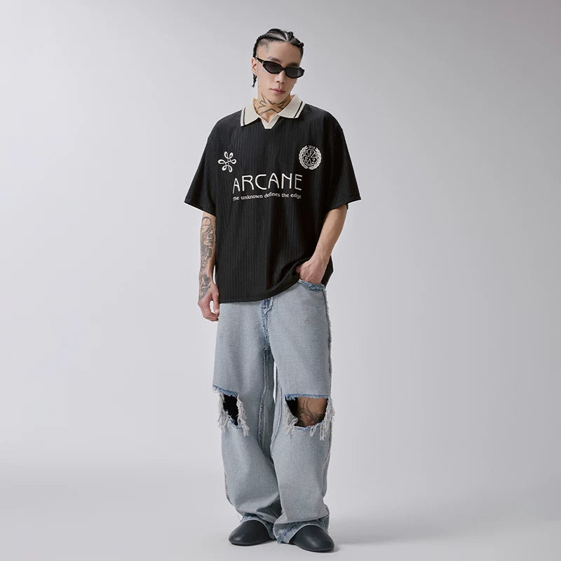 F2CE Retro Washed Outdated Anti Piercing Jeans for Men, Loose Straight Tube, Bare Haired Wide Legs, Casual Pants