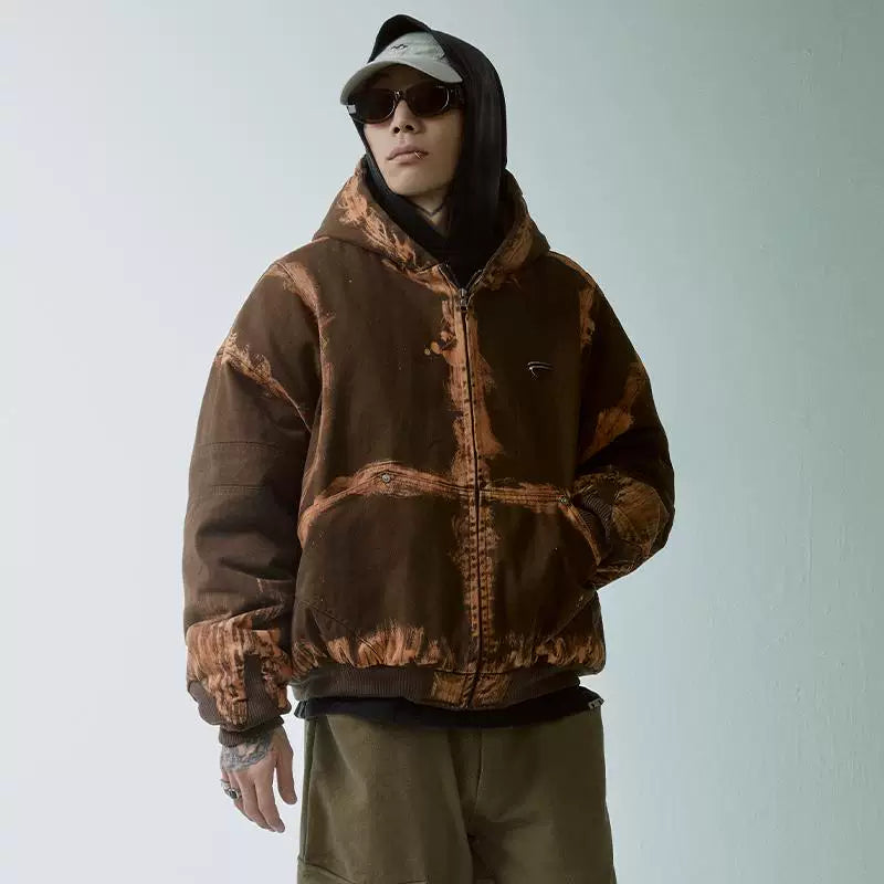 F2CE Trendy Zipper Cotton Jacket Hand Spray Dyed Used Hooded Loose Wide Cotton Coat Thickened Warm Cotton Winter Coat