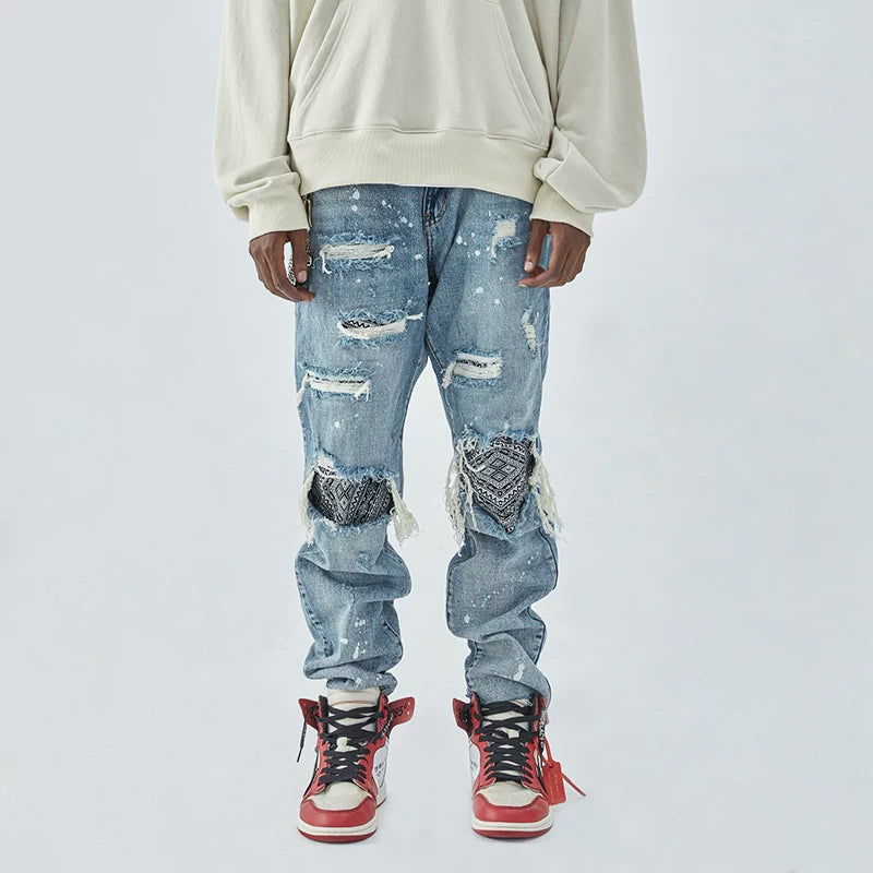 F2CE ripped pants washed with water to make old, cashew flower patch fabric replaced, loose men's spring and autumn straight leg trendy brand jeans