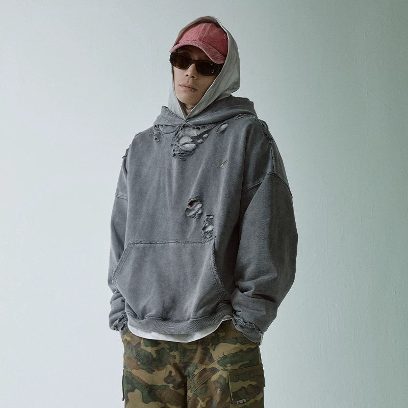 F2CE vintage solid color worn loose wide basic versatile hooded sweatshirt with metal logo collision casual hoodie trend