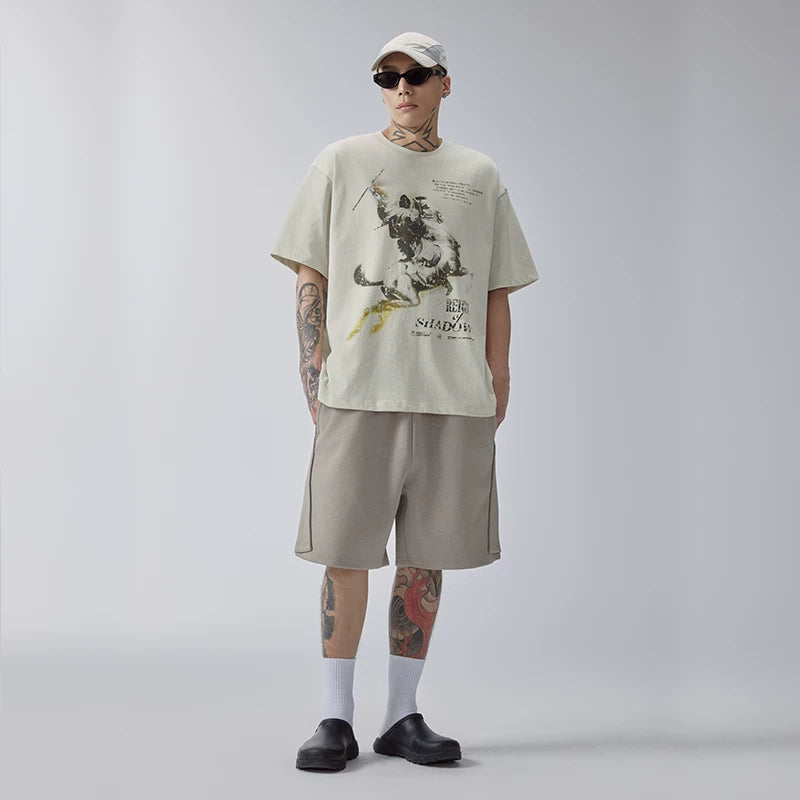 F2CE solid color casual pants beach five quarter pants men's deconstruction splicing embroidery versatile basic trend loose shorts