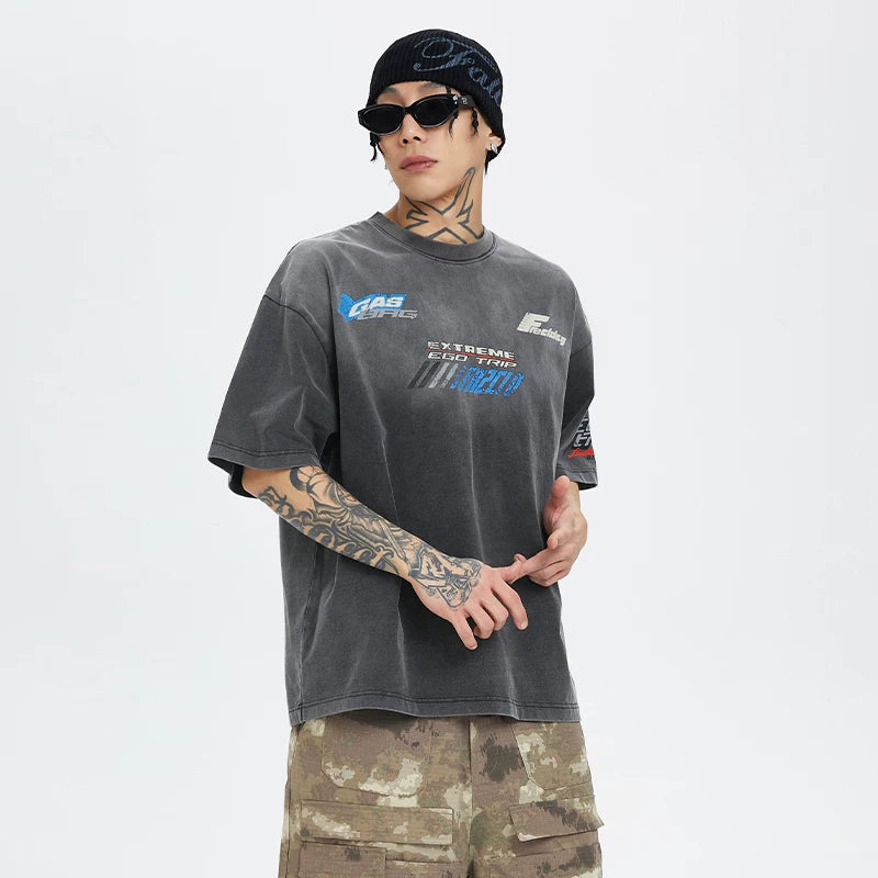 F2CE American washed gradient vintage racing style cracked letter print loose heavyweight short sleeved t-shirt for men and women