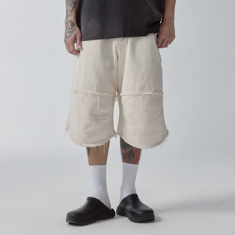 F2CE trendy spliced knee high shorts with loose silhouette, curved edge, high street, Vibe casual versatile cropped pants