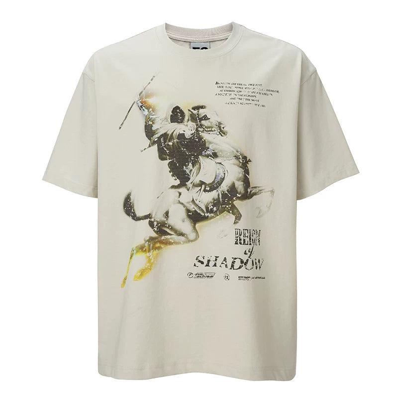 FCE American retro knight print Vintage round neck short sleeved loose and trendy high street casual t-shirt for men and women