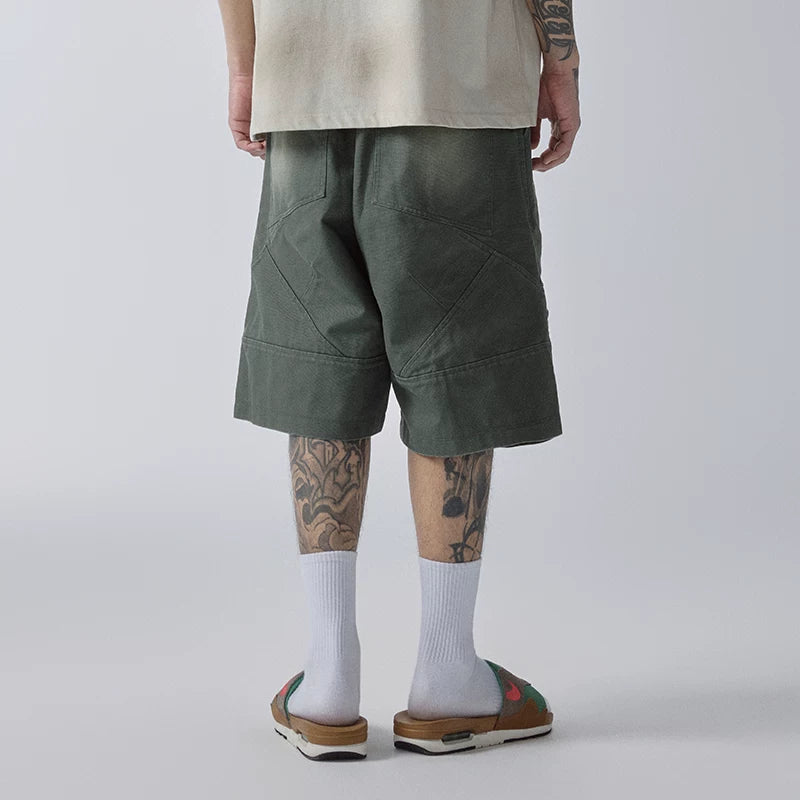 F2CE vintage loose trendy shorts American high street men's summer pocket wide leg workwear washed gradient cropped pants