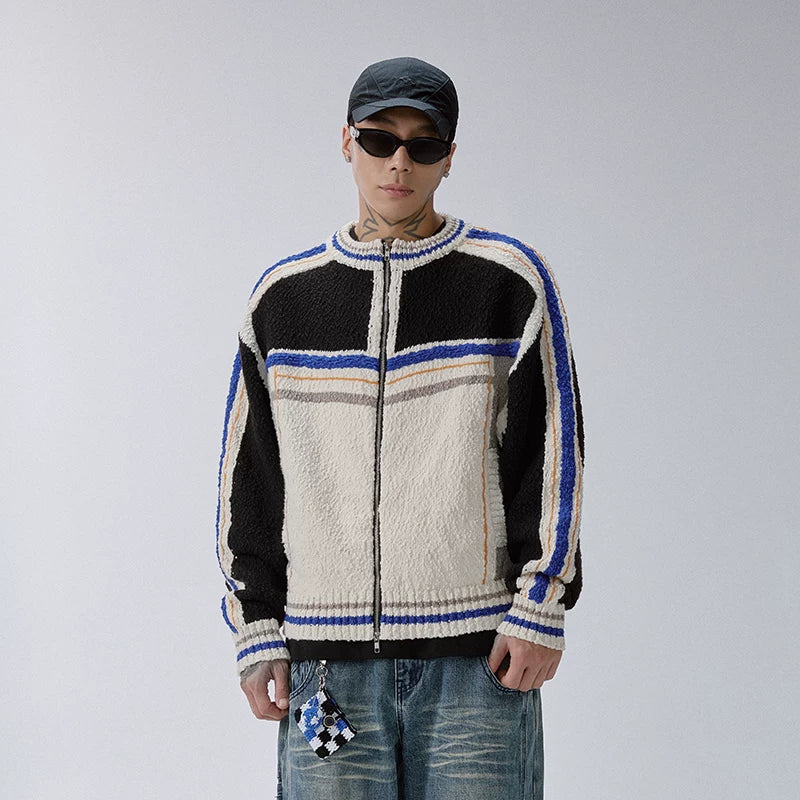 F2CE trendy patchwork contrasting couple sweater lazy cardigan warm and loose casual knit sweater zipper jacket