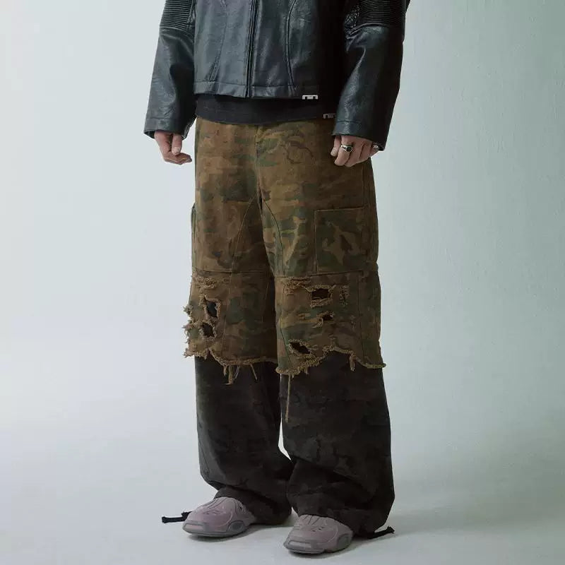 F2CE Trendy Casual Pants Splicing to Make Old Loose Vibe Camo Pants Waste Soil Washed Damaged Double Layer Stacked Pants