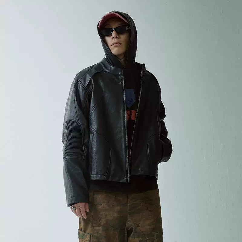 F2CE deconstruction splicing heavyweight stand up collar black leather jacket loose motorcycle leather jacket men's silhouette Vibe casual trendy jacket
