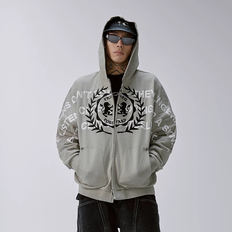 F2CE Trendy Heavy Hoodie Loose Wide Embroidered Printed Zipper cardigan Men's Autumn/Winter Casual Hoodie