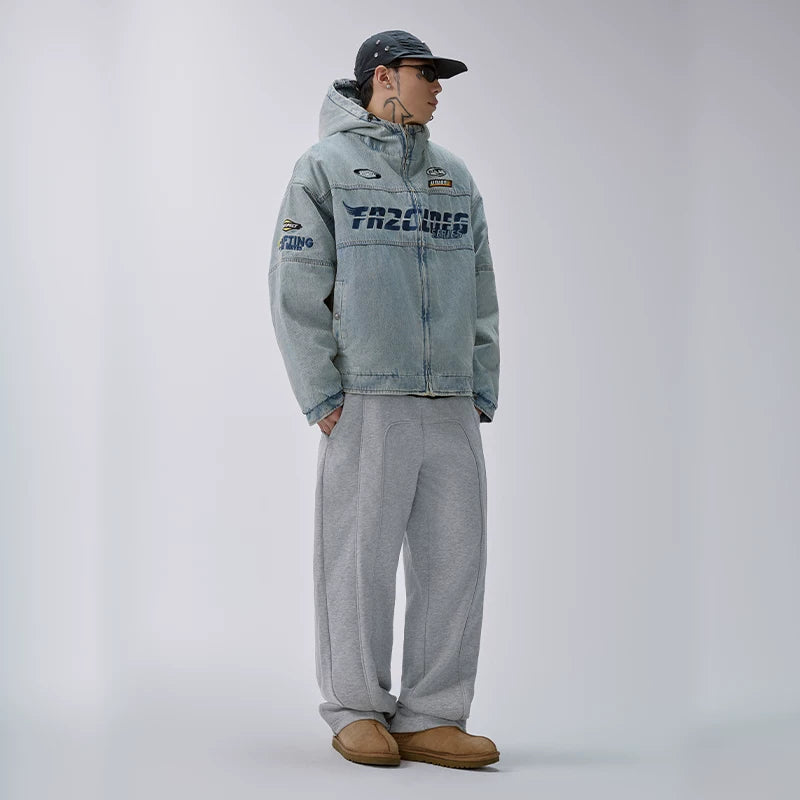 F2CE American retro denim cotton jacket washed and worn loose casual embroidered hooded cardigan jacket trendy cotton jacket