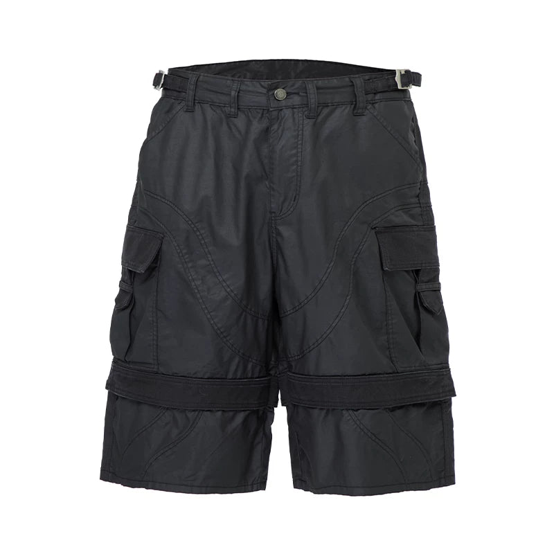 F2CE wax coated workwear knee length shorts, dark and loose silhouette high street Vibe versatile multi pocket cropped pants
