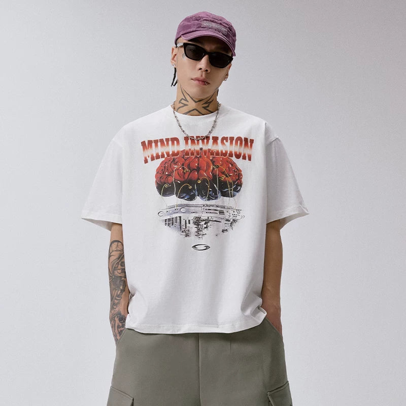 F2CE American high street cyberwind brain print short sleeved loose oversized silhouette couple casual T-shirt trend