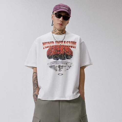 F2CE American high street cyberwind brain print short sleeved loose oversized silhouette couple casual T-shirt trend