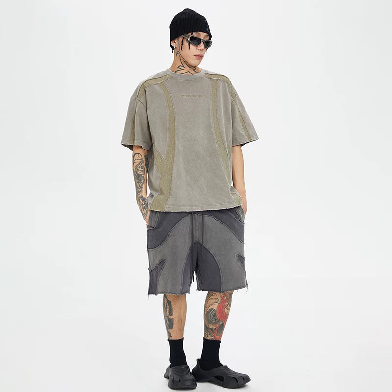 FCE waste soil wind old function burr destruction short sleeved deconstruction splicing color collision trendy high street loose men's and women's T-shirts