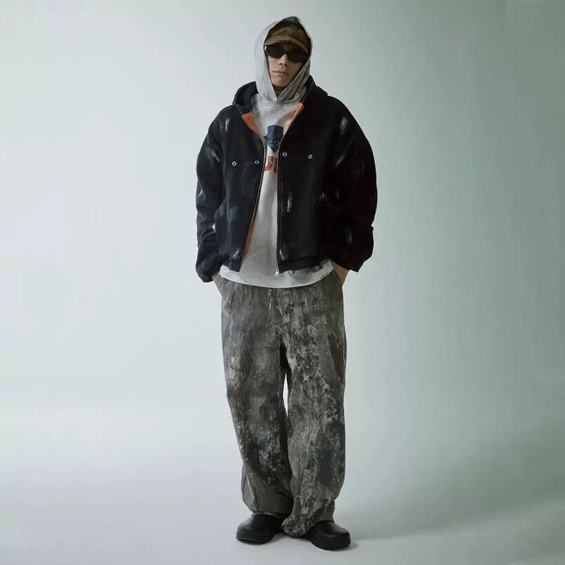 F2CE trendy knee high pocket pleated casual pants, high street Vibe assault pants, loose straight leg workwear pants