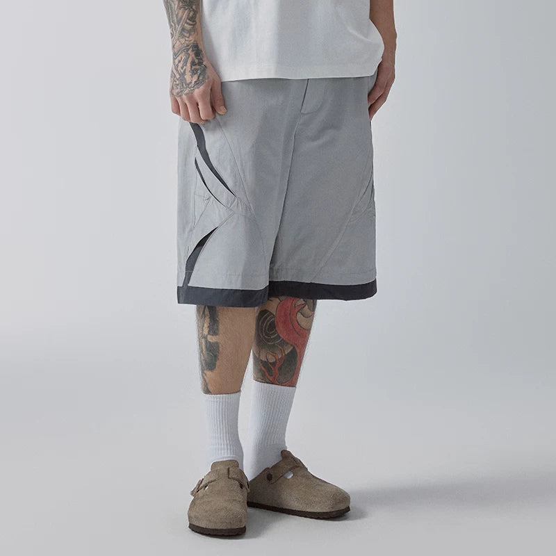F2CE American style trendy spliced hollow out contrasting color casual shorts for men in summer, loose fit five extension shorts, athletic and breathable