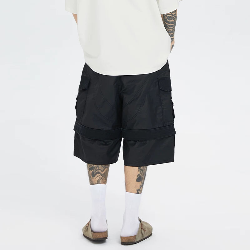 F2CE wax coated workwear knee length shorts, dark and loose silhouette high street Vibe versatile multi pocket cropped pants