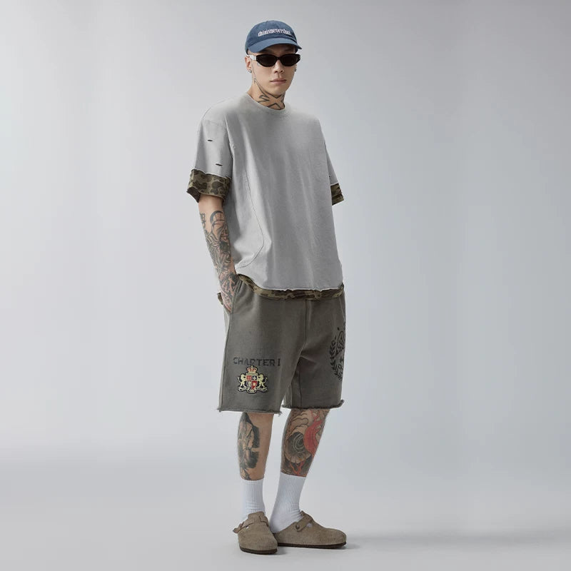 F2CE Trendy Loose Washed Outdated Printed Stamp Hairy Casual Versatile Shorts Men's Beach Pants Pentagram Pants