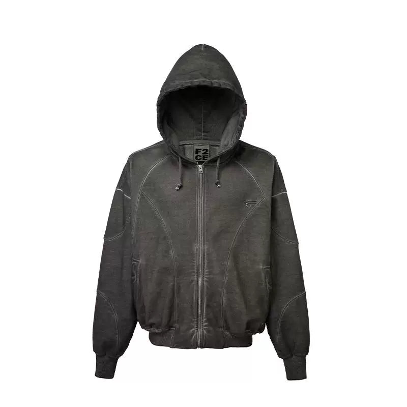 F2CE vintage dyed solid color functional hooded cardigan with fleece hoodie, loose deconstruction zipper casual jacket, trendy men