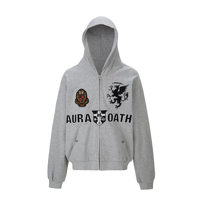 F2CE trendy loose hooded cardigan embroidered gray hoodie men's top autumn/winter casual hoodie zipper jacket