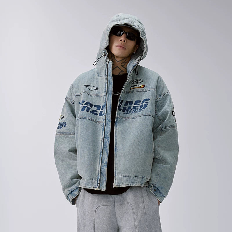 F2CE American retro denim cotton jacket washed and worn loose casual embroidered hooded cardigan jacket trendy cotton jacket