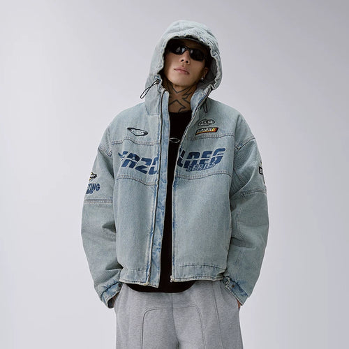 F2CE American retro denim cotton jacket washed and worn loose casual embroidered hooded cardigan jacket trendy cotton jacket