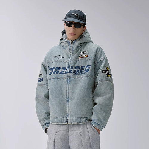 F2CE American retro denim cotton jacket washed and worn loose casual embroidered hooded cardigan jacket trendy cotton jacket