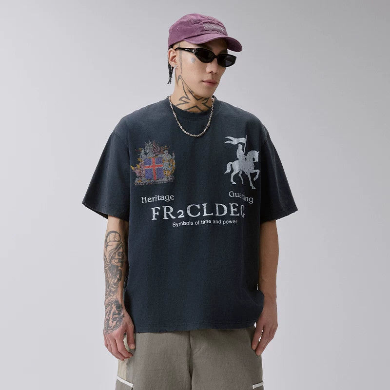 F2CE Heavy American Retro Trendy Badge Printed Wear Out T-shirt Summer Men's Loose Casual Couple Short Sleeve Half Sleeve