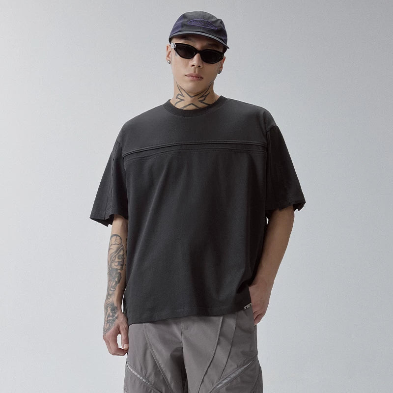 F2CE original basic versatile small collar trendy base solid color T-shirt with bone breaking splicing casual loose short sleeved shirt