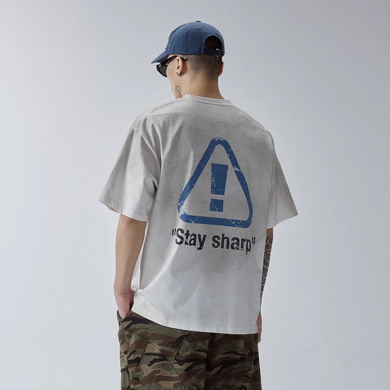 F2CE trendy vintage mud dye printed slogan short sleeved loose wide couple casual versatile T-shirt