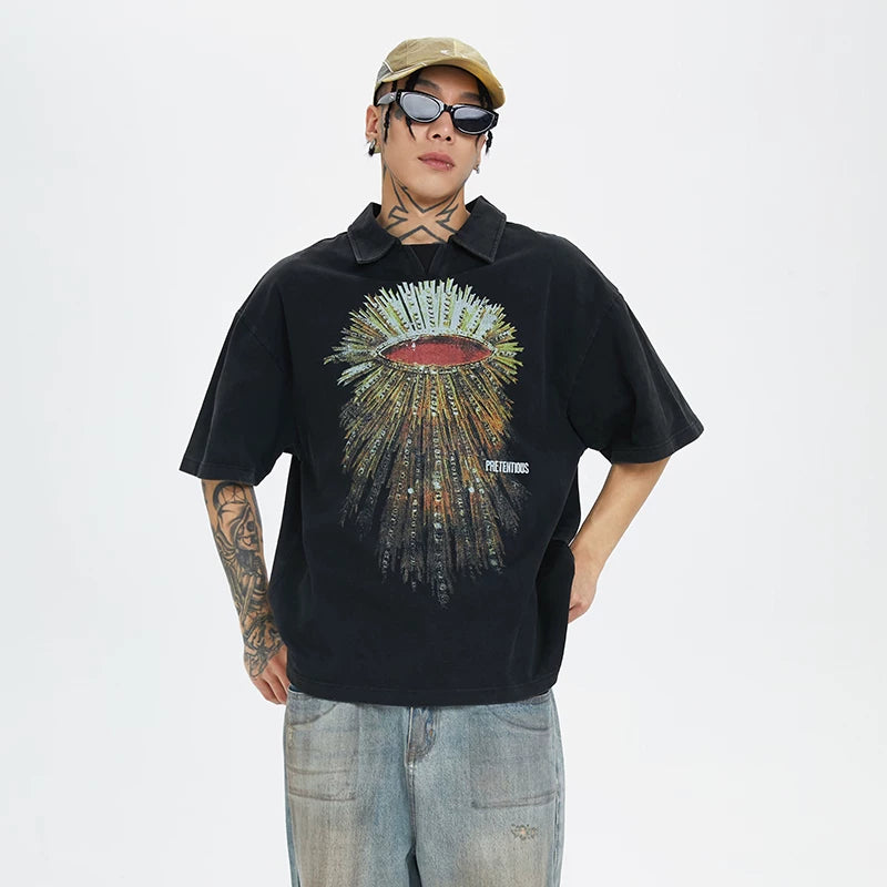 F2CE Heavyweight Washed Old POLO Shirt American Retro High Street Printed Couple T-shirt Summer Loose Casual Short Sleeve