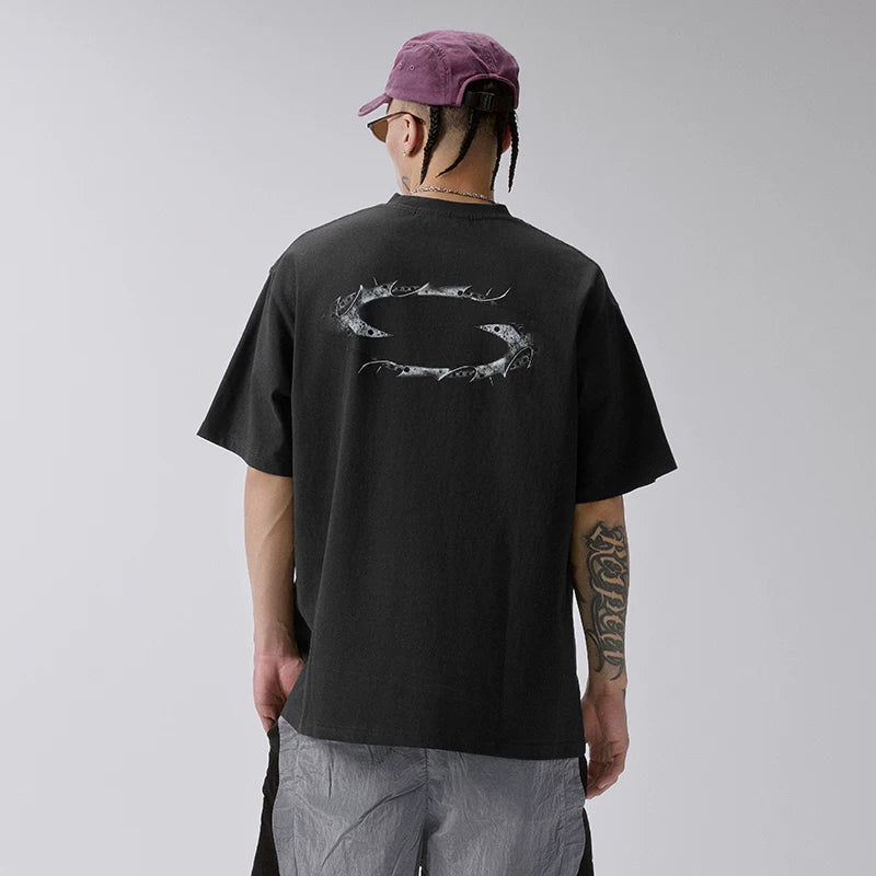 F2CE Heavy duty Washed Vintage American Trendy Metal Logo Printed T-shirt High Street Summer Loose Casual Short Sleeve