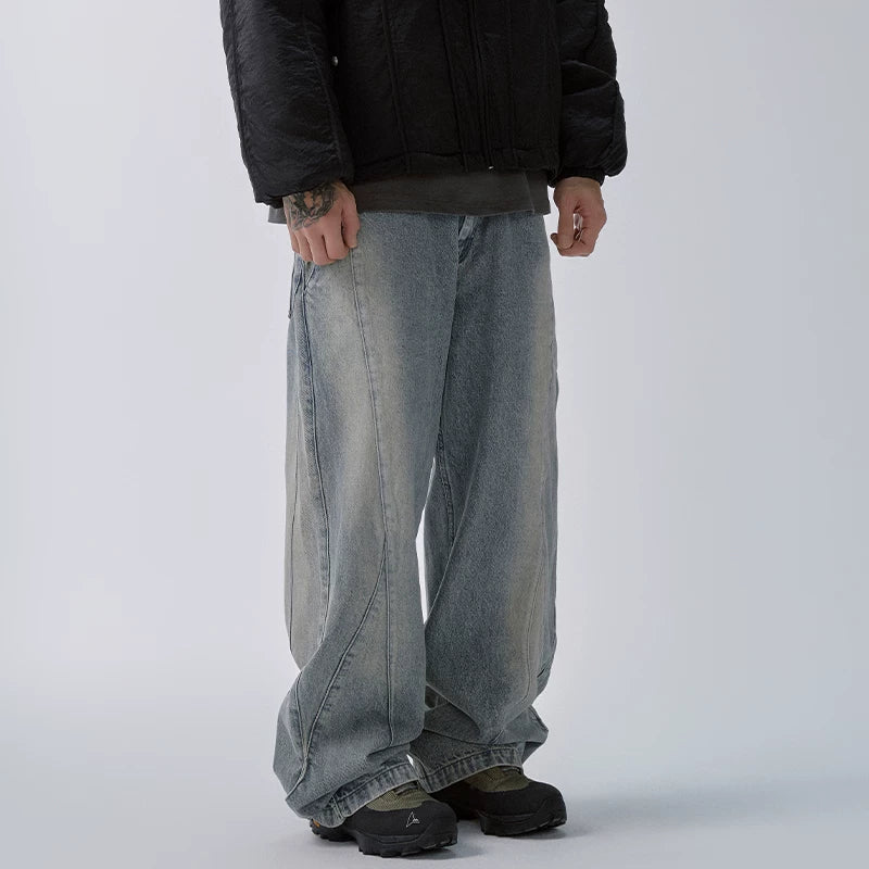 F2CE fashion deconstruction splicing old washed denim jeans men's heavyweight retro loose straight leg wide leg versatile pants