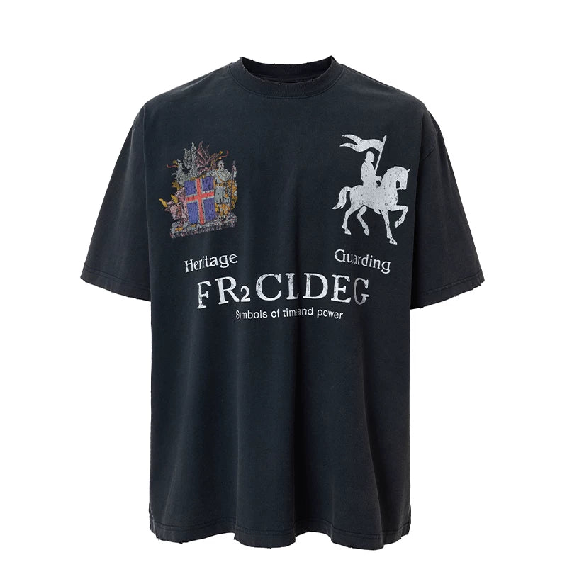 F2CE Heavy American Retro Trendy Badge Printed Wear Out T-shirt Summer Men's Loose Casual Couple Short Sleeve Half Sleeve