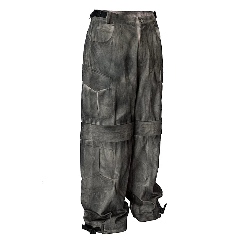 F2CE distressed dyed symmetrical loose silhouette straight tube multi pocket wide leg workwear pants dark trendy casual pants for men
