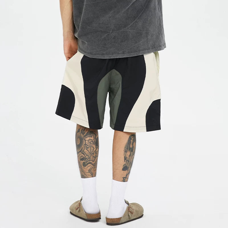 F2CE American style trendy spliced contrasting nylon shorts for men in summer, loose and casual five point basketball pants, sports breathable