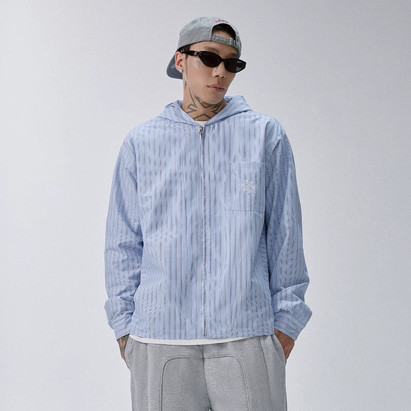 F2CE vertical stripe zipper shirt jacket men's heavyweight embroidered shirt pure cotton trendy loose hooded casual jacket