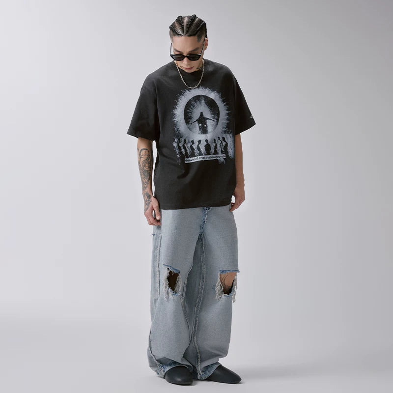 F2CE American high street dark style T-shirt silhouette prayer character print oversized loose casual short sleeved men